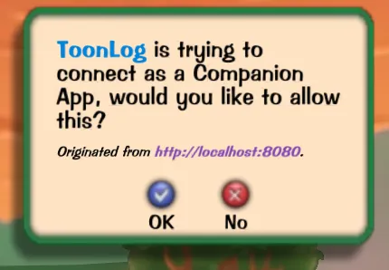 Accept ToonLog companion app in-game popup